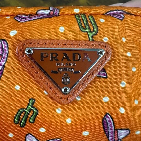 Prada Tessuto Nylon Wristlet Pouch Bag Orange Sombreros Cactus Colorful Festive - Picture 13 of 16